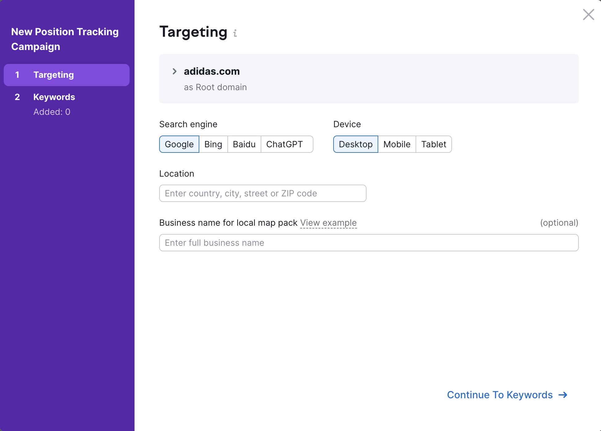 An example of the Position Tracking setup wizard.